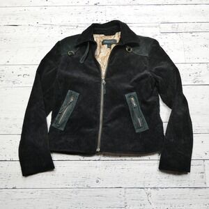 Siena Studio‎ Jacket Womens Small Black Corduroy Leather Trim Paisley Lined Zip